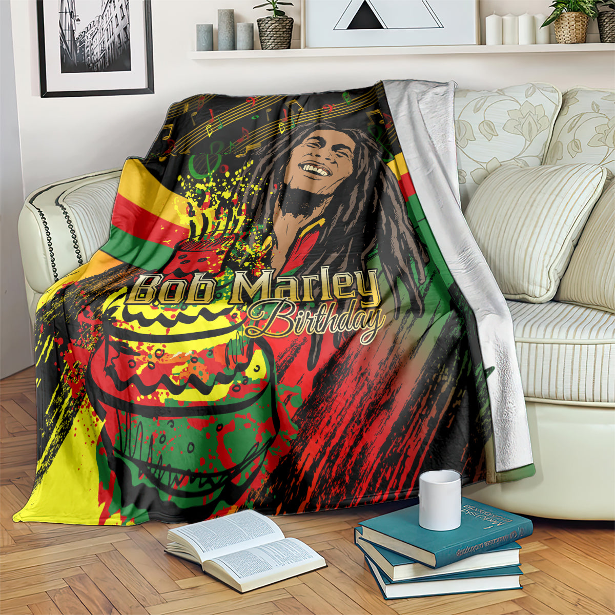 Birthday blanket with Bob Marley portrait, musical notes, and reggae-style Rasta colors