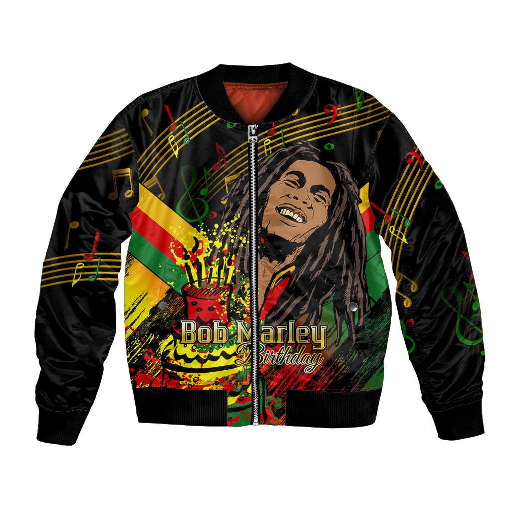 Black bomber jacket with Bob Marley Birthday front graphic and ribbed cuffs