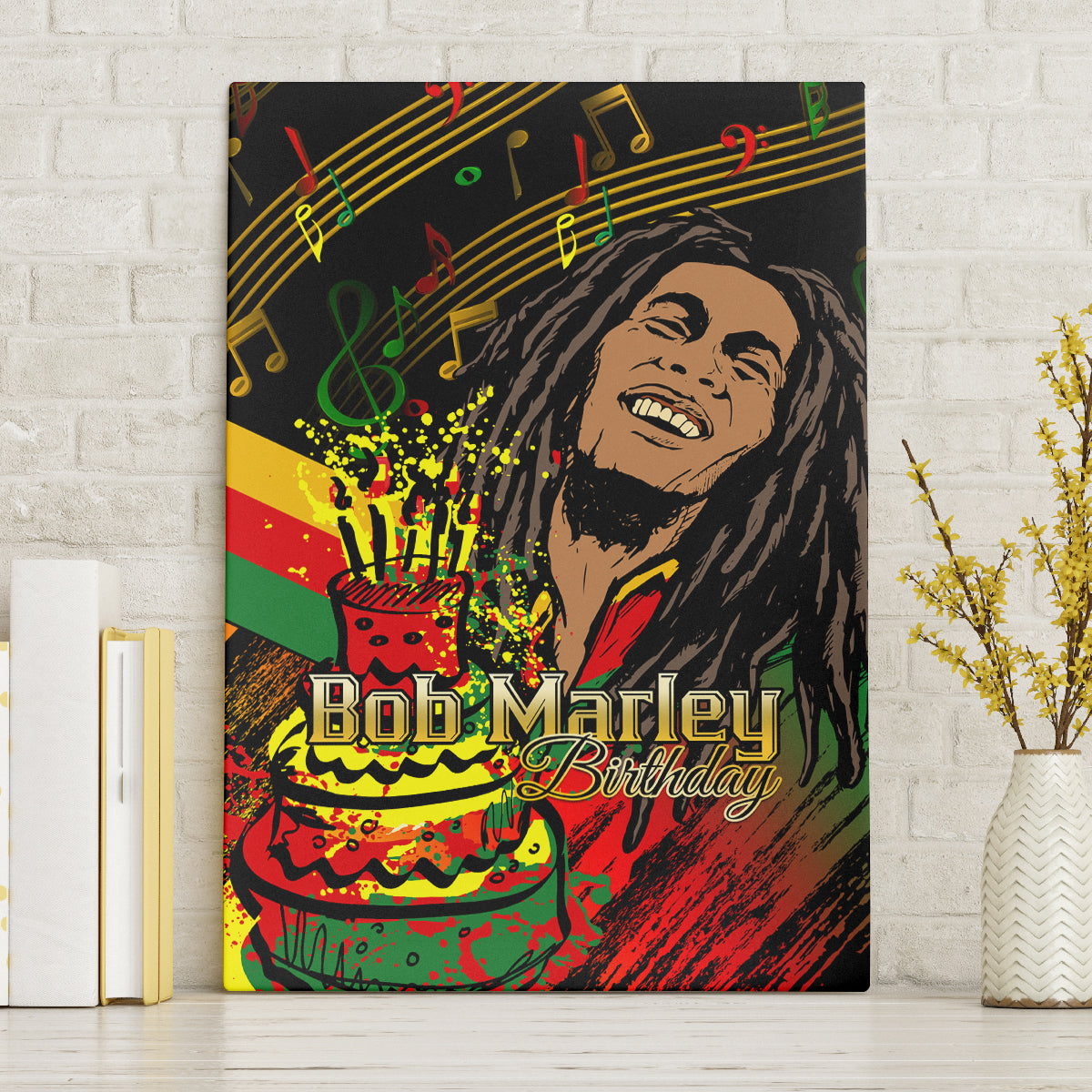 Framed black canvas wall art with Bob Marley Birthday graphic and cake and music notes