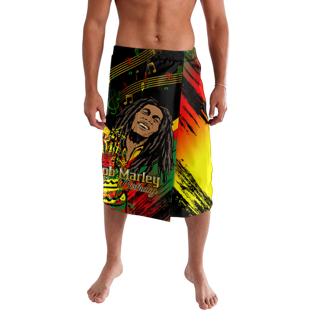 Men's multicolor graphic wrap shorts with black waistband and reggae portrait print