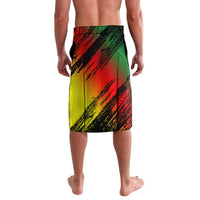 Men's abstract multicolor wrap shorts with black waistband, red green yellow patterns