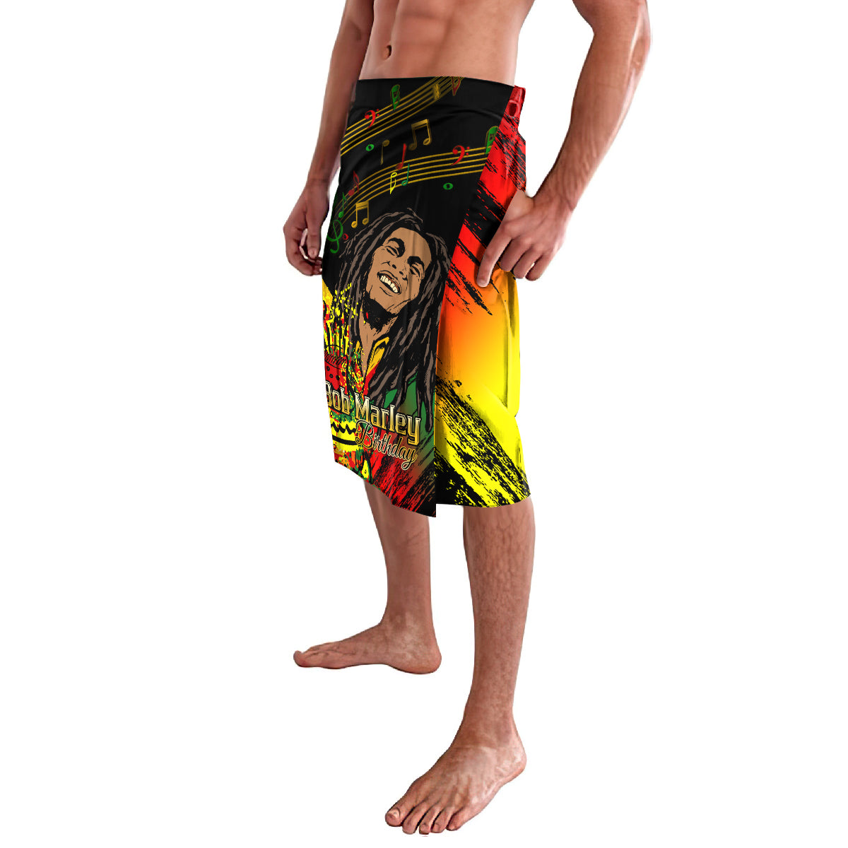 Men's reggae portrait graphic wrap shorts in red yellow green with black trim