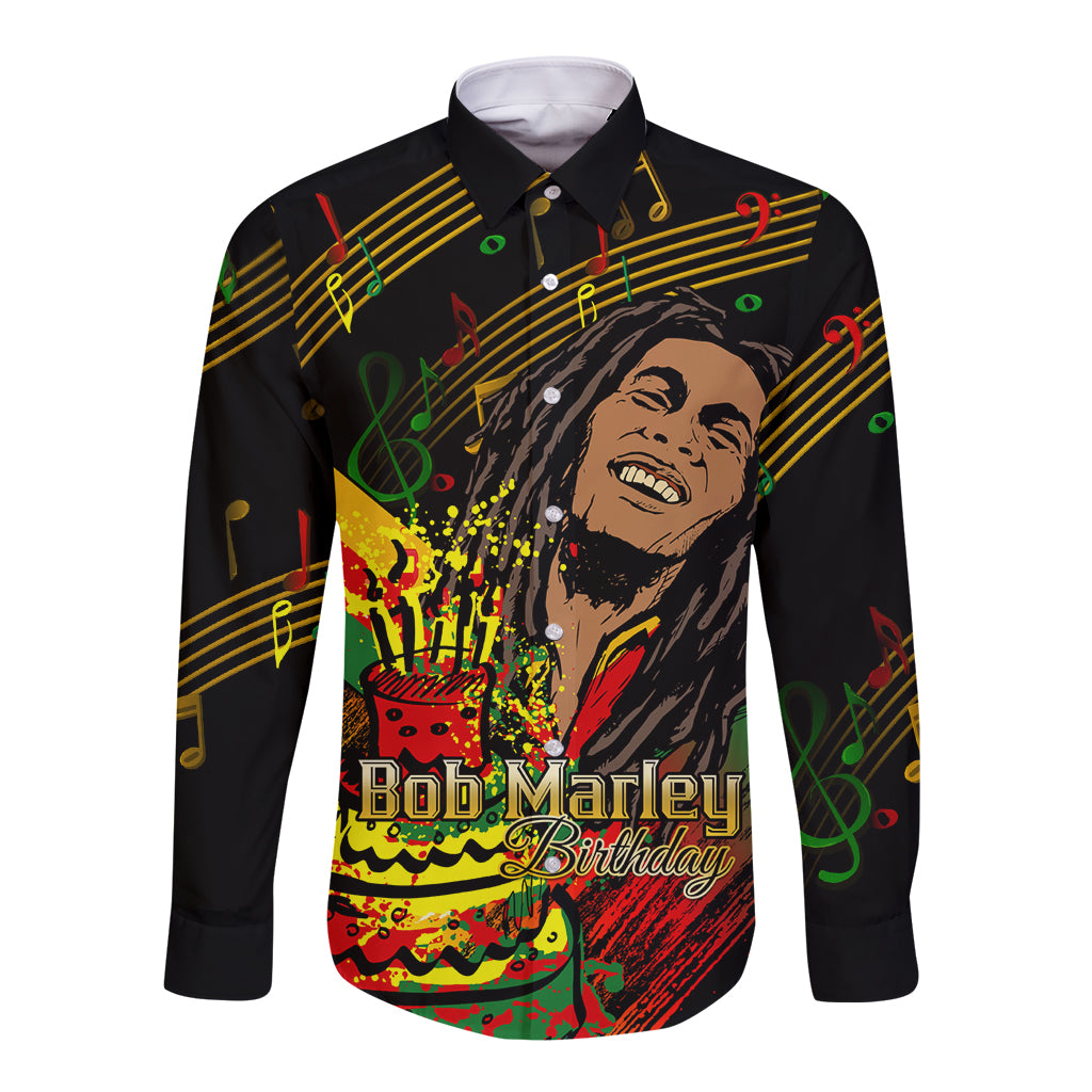 Black long-sleeve button shirt with colorful portrait graphic and music notes