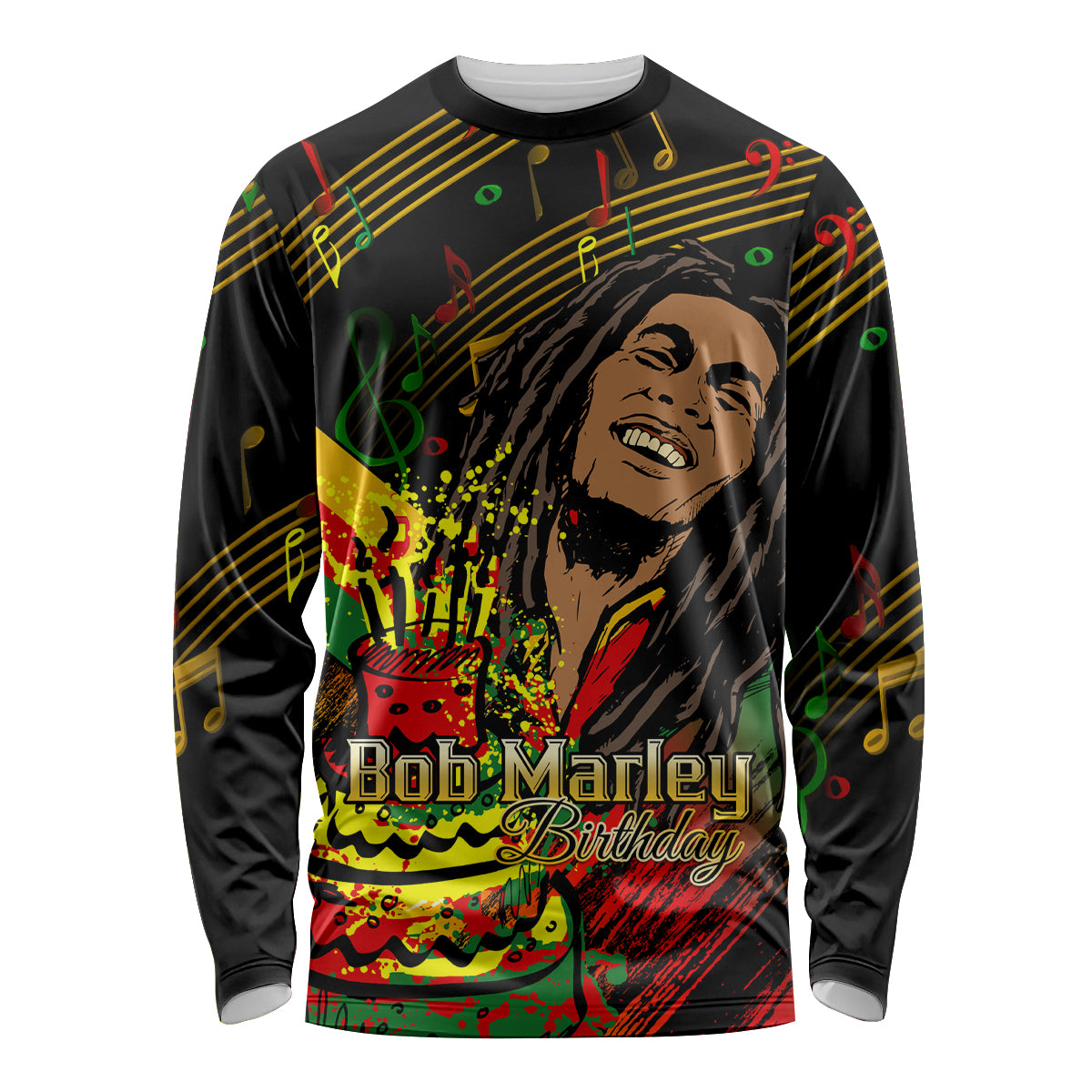 Unisex black long-sleeve graphic birthday shirt with reggae musician face print