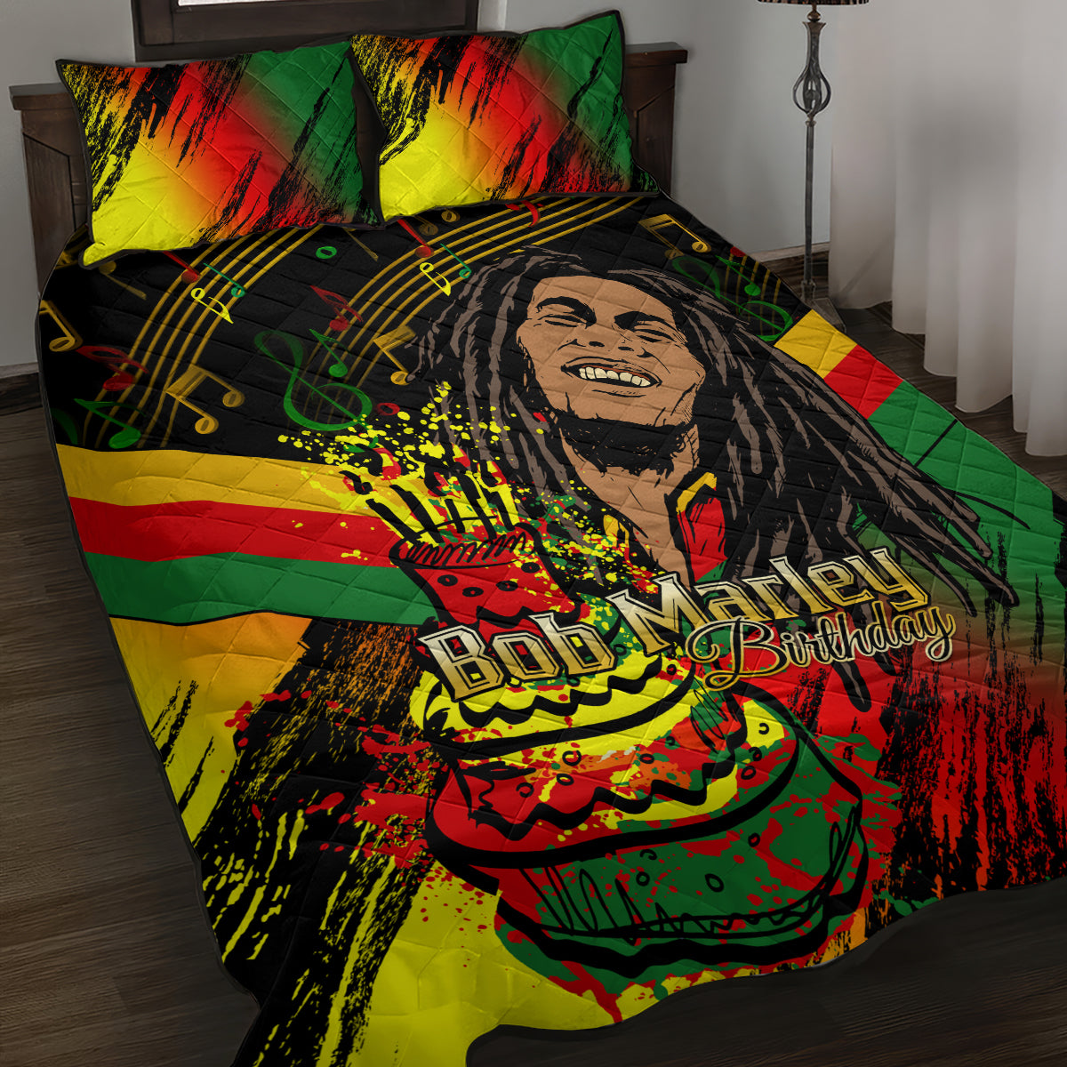 Quilt bed set with Bob Marley birthday portrait, music notes, and reggae stripes