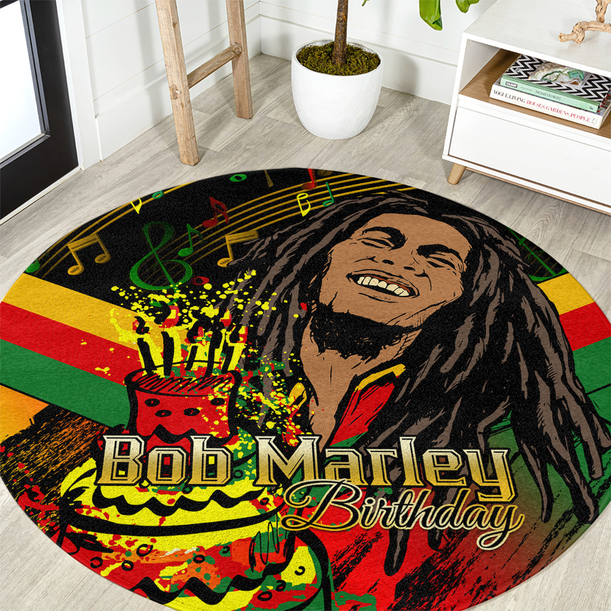 Black round rug with Bob Marley face and Bob Marley Birthday text, musical notes