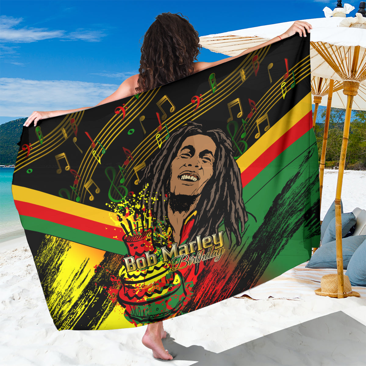 Bob Marley birthday sarong, back view with full rasta-striped graphic on black