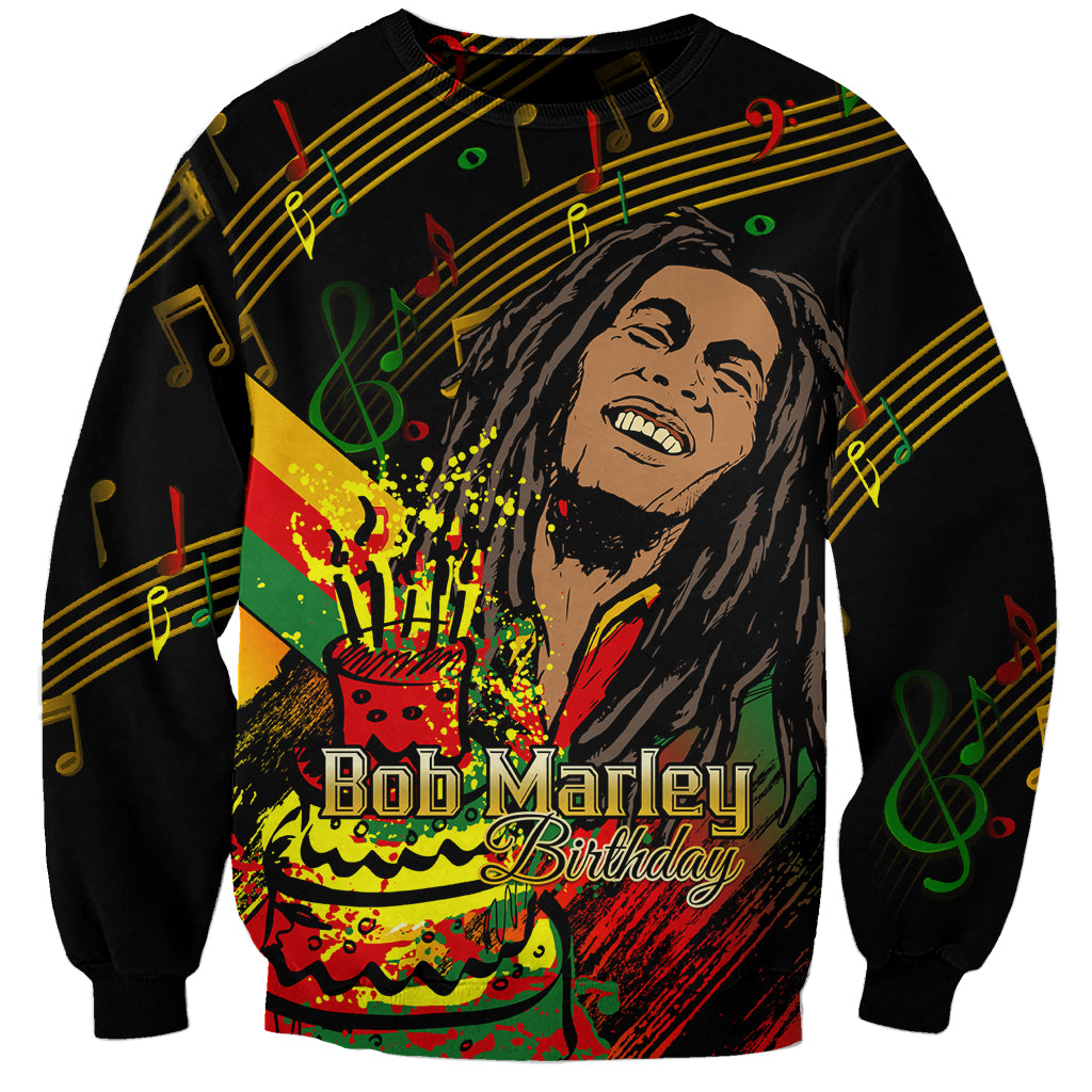 Unisex black sweatshirt with Bob Marley Birthday front graphic and colorful notes