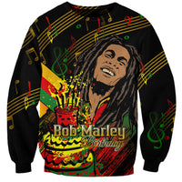 Unisex black sweatshirt with Bob Marley Birthday front graphic and colorful notes