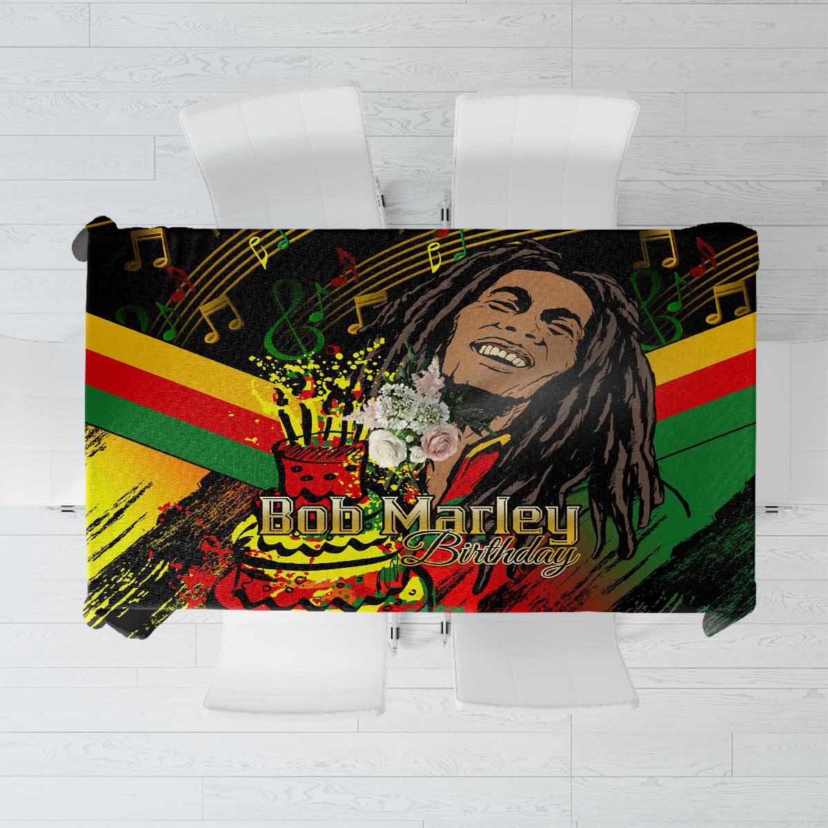 Bob Marley birthday tablecloth featuring portrait, “Bob Marley Birthday” text, and notes