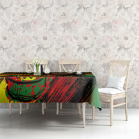 Bob Marley birthday tablecloth with colorful graphic panel and hanging green section