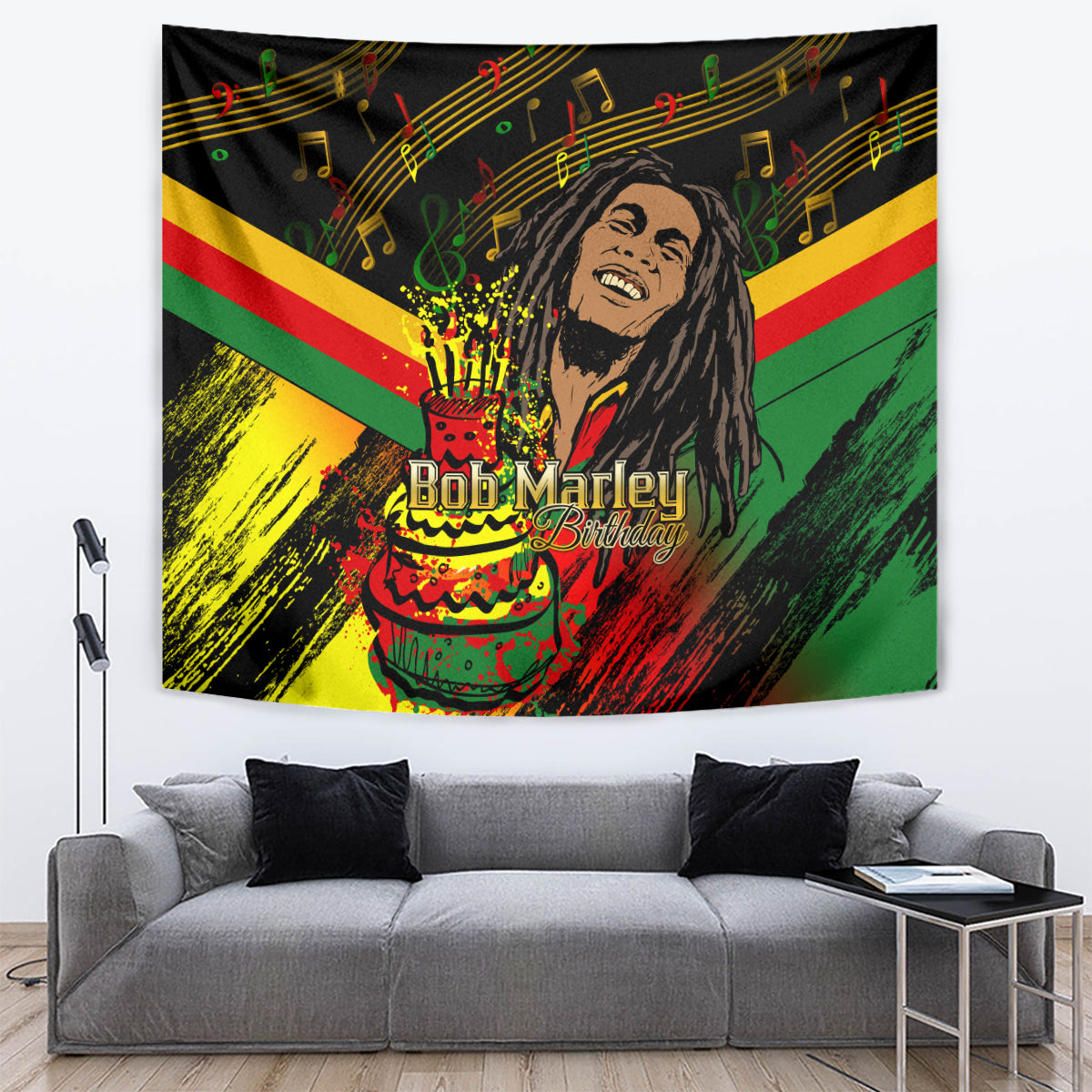 Black reggae tapestry showing Bob Marley birthday cake and colorful music notes