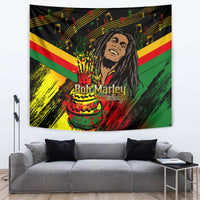 Black reggae tapestry showing Bob Marley birthday cake and colorful music notes