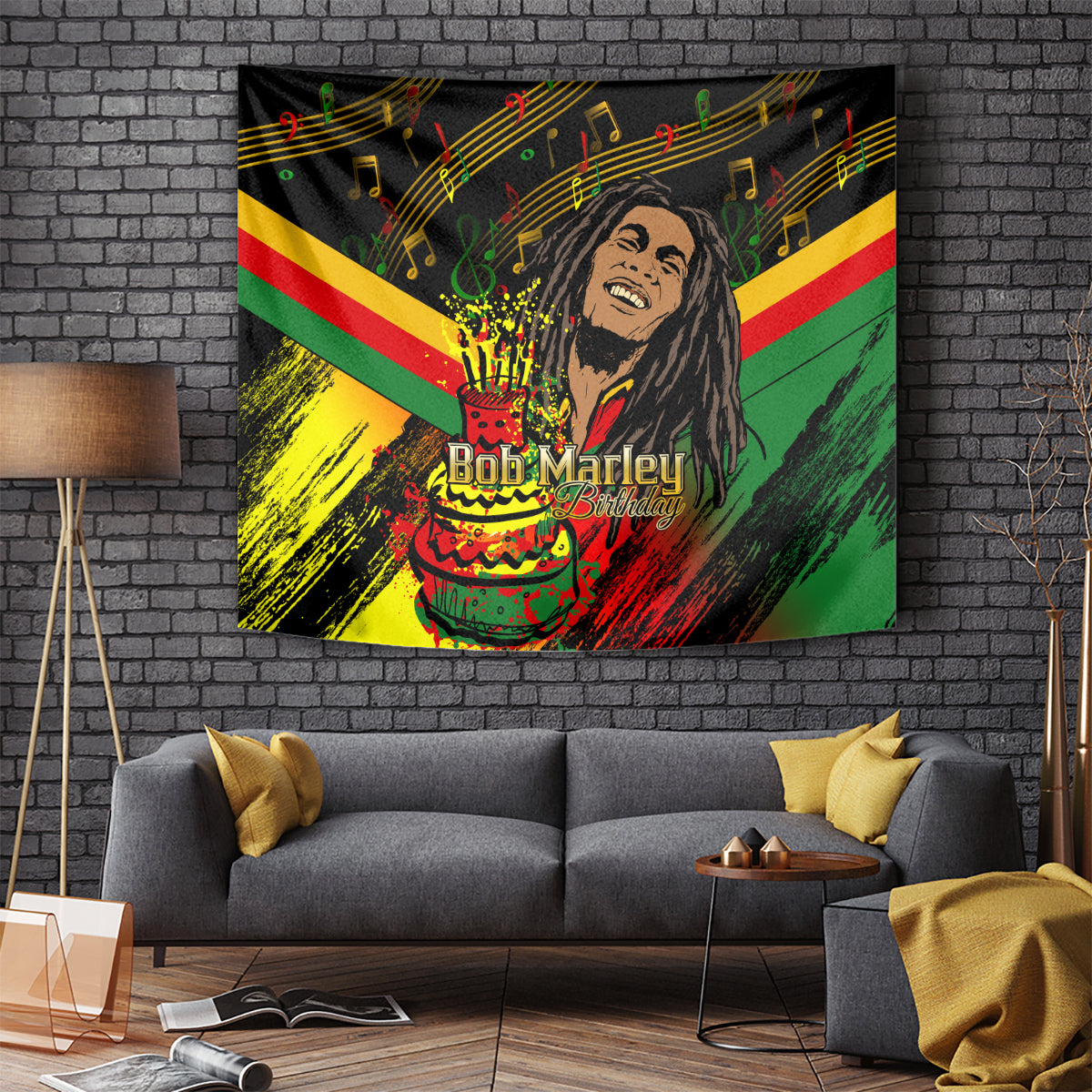 Black reggae birthday tapestry with Bob Marley portrait, musical notes, and cake