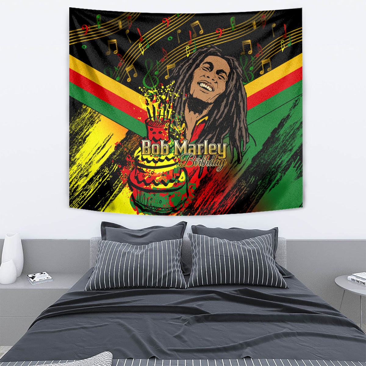 Black reggae tapestry with Bob Marley portrait, birthday cake, and musical notes