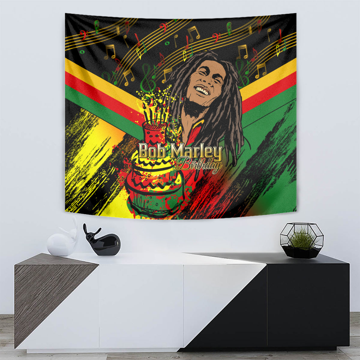Black reggae birthday tapestry featuring Bob Marley portrait, cake, and music notes