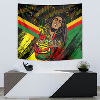 Black reggae birthday tapestry featuring Bob Marley portrait, cake, and music notes