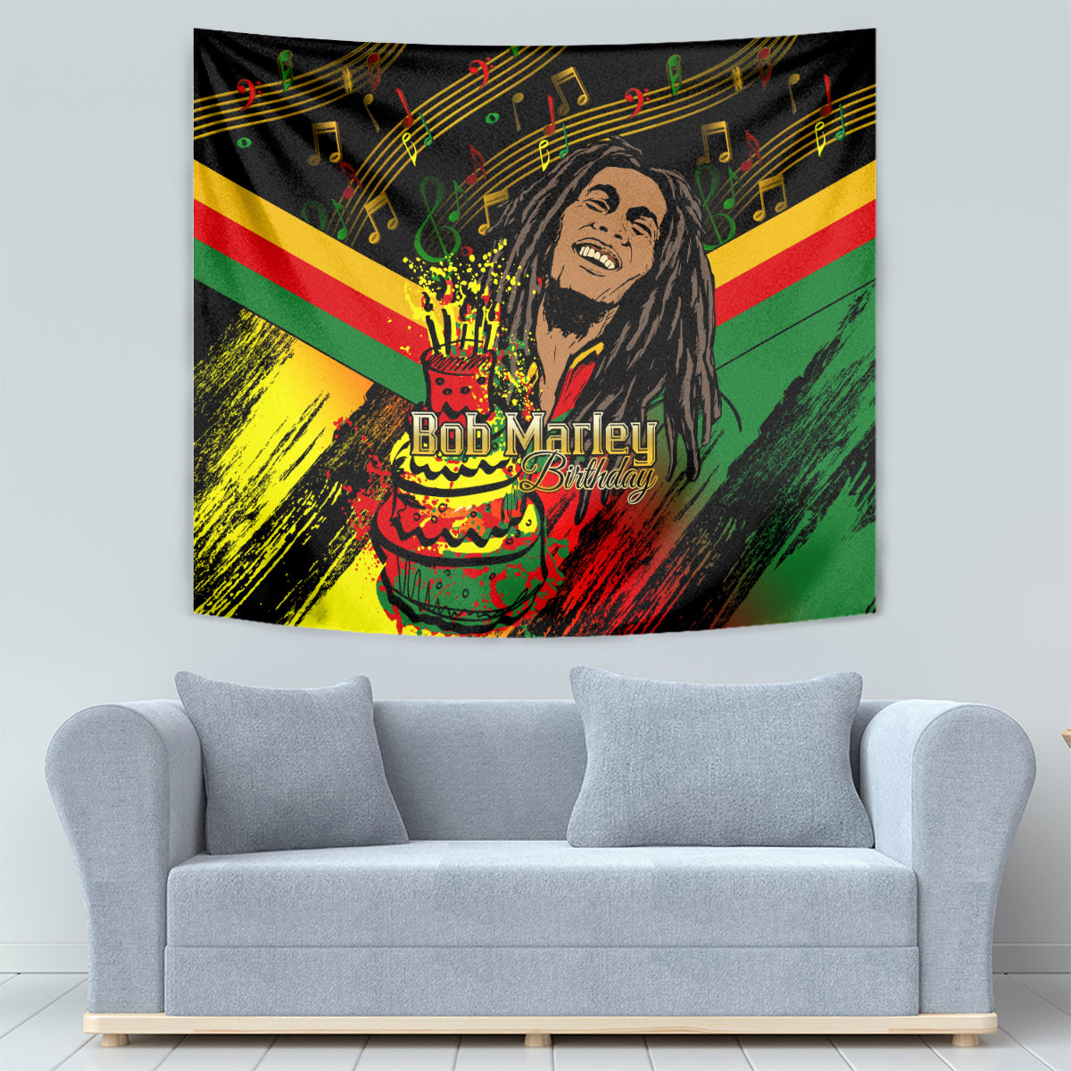 Black reggae tapestry with Bob Marley birthday cake graphic and colorful musical notes