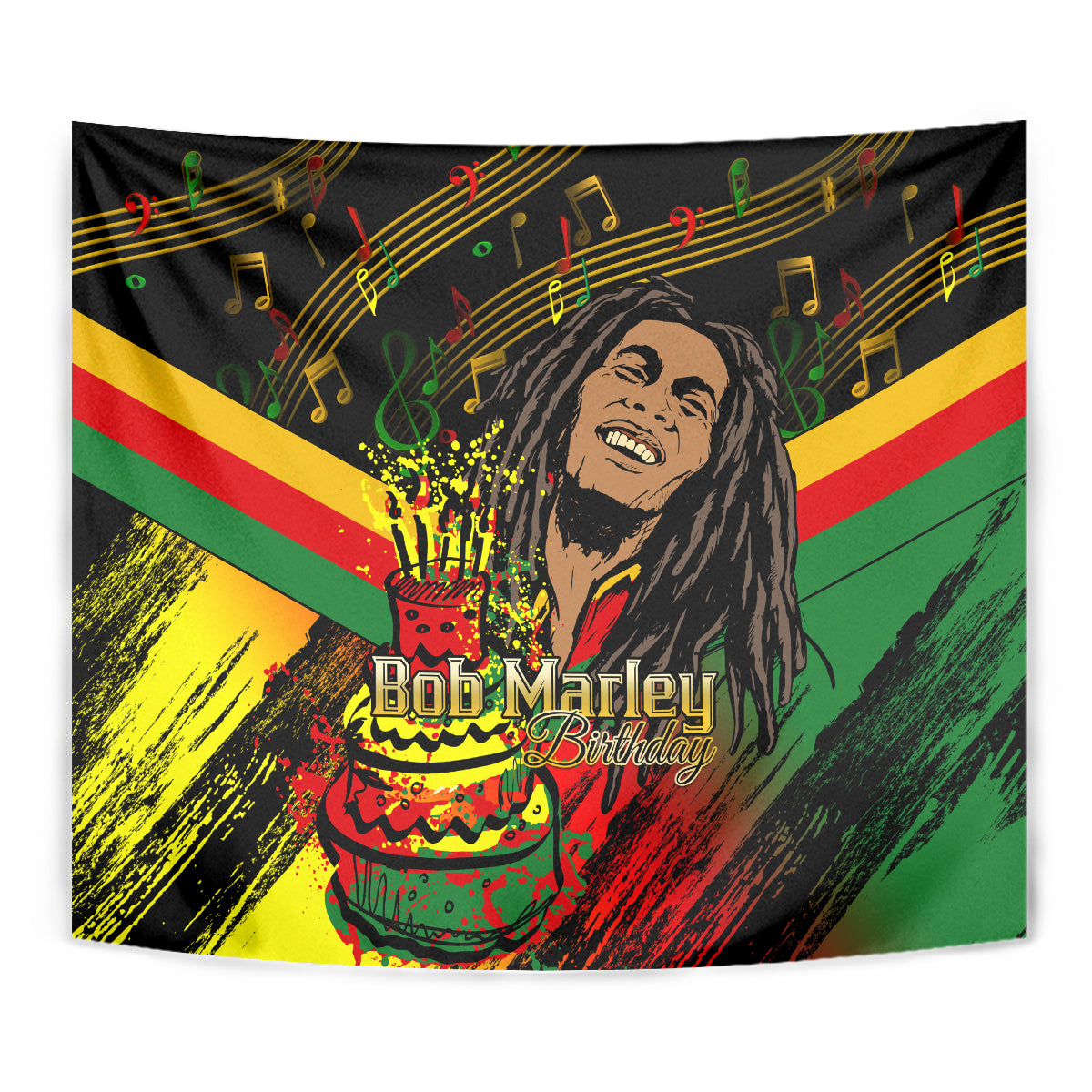 Black reggae tapestry close-up: Bob Marley portrait with birthday cake and notes