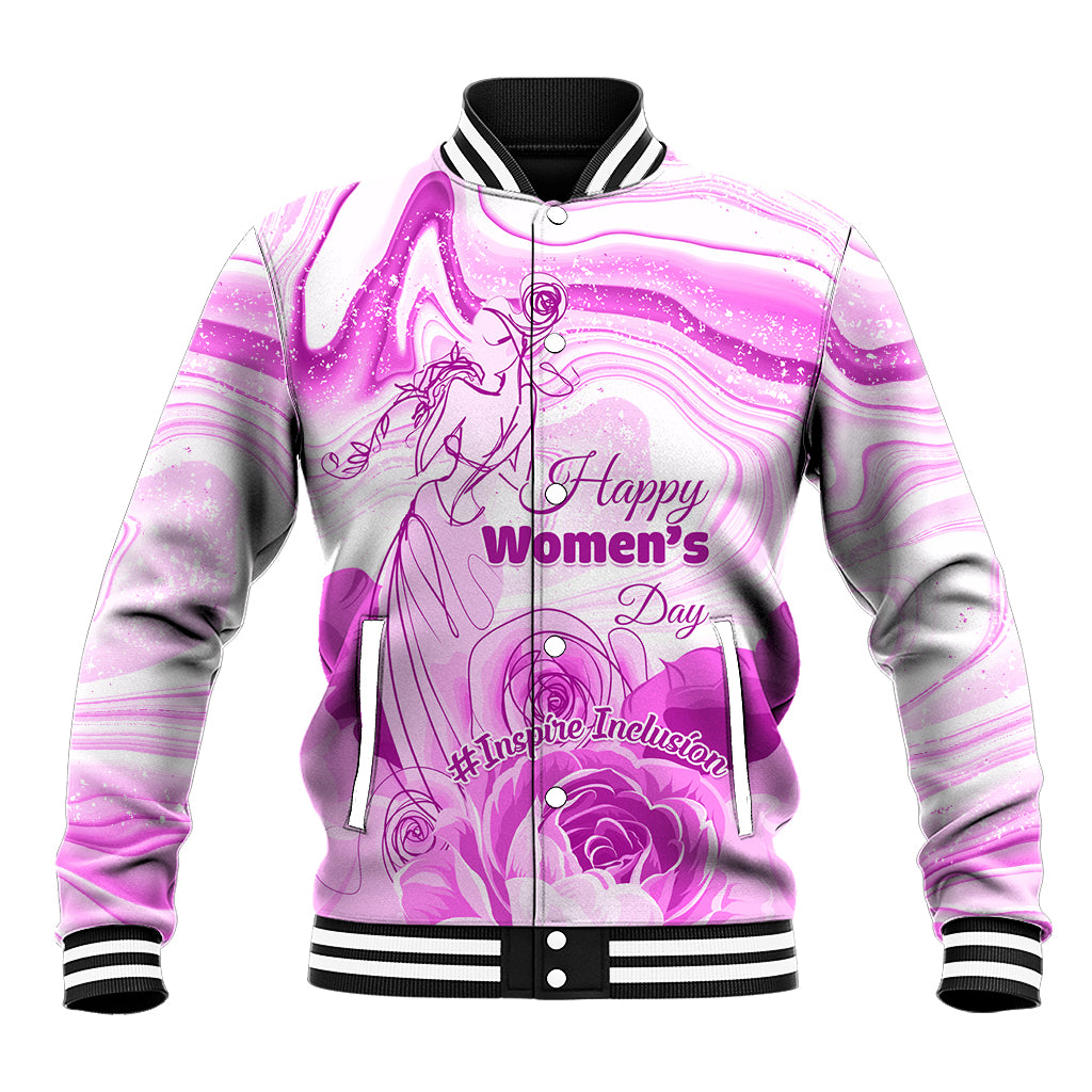 Unisex purple baseball jacket with ribbed collar, front zipper, women's day graphic
