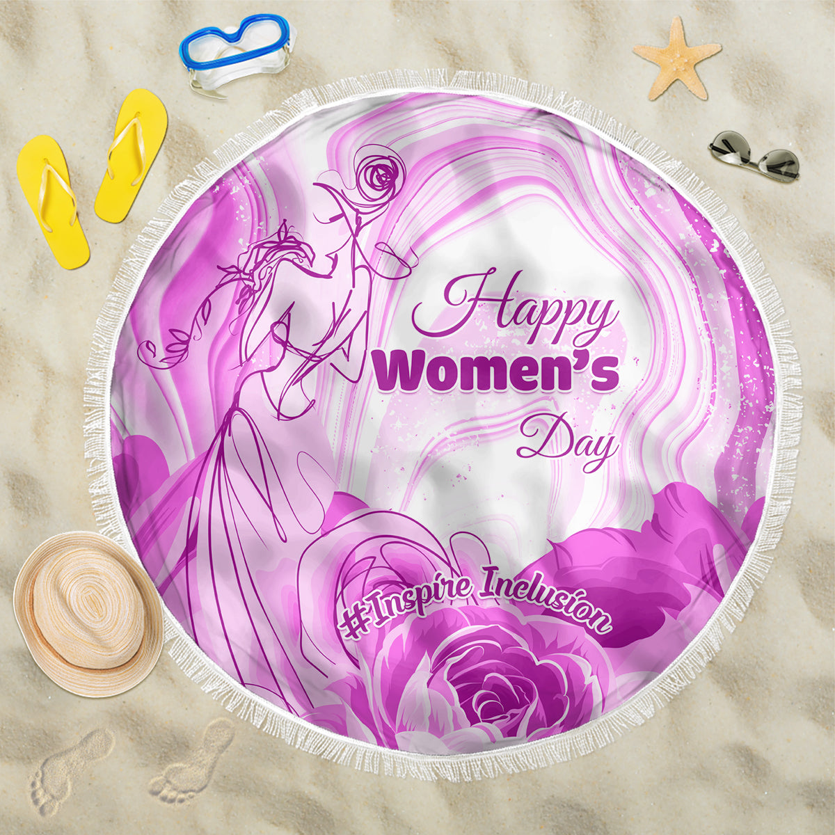 Purple round beach blanket with tassel fringe, printed Happy Women's Day design