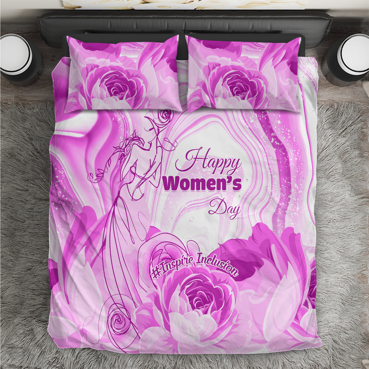 Purple bedding set with two matching pillows, roses, and Happy Women’s Day design