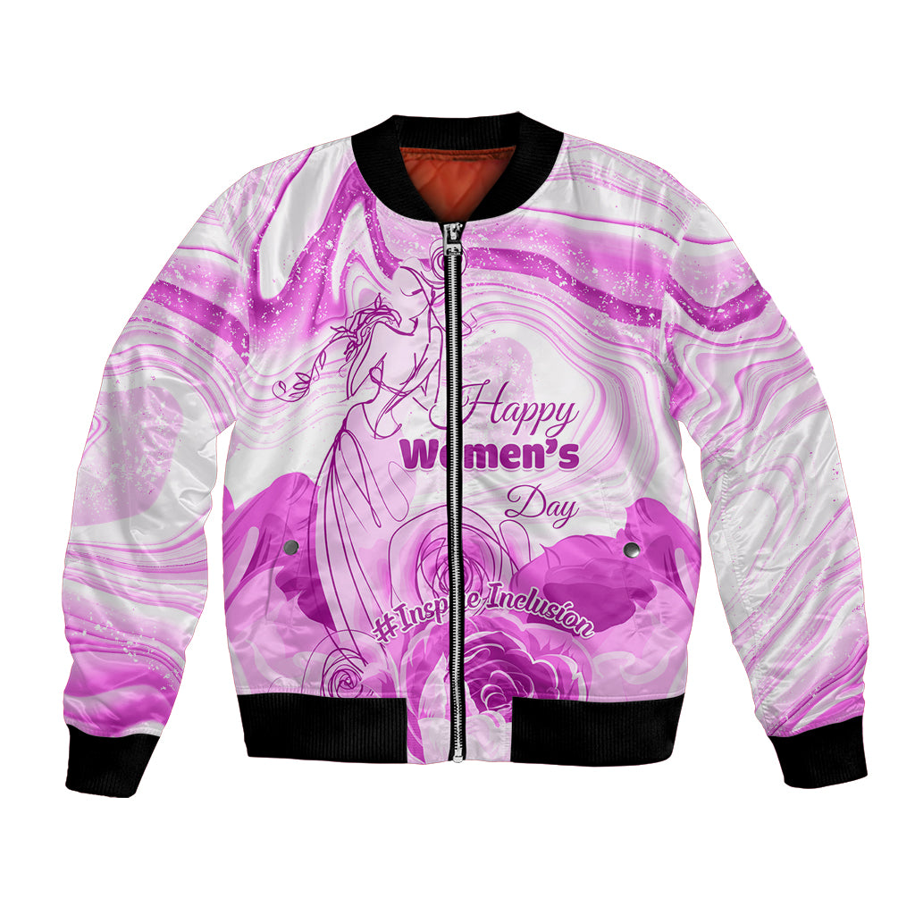 Purple and white unisex bomber jacket, full zip front, ribbed cuffs, front graphic