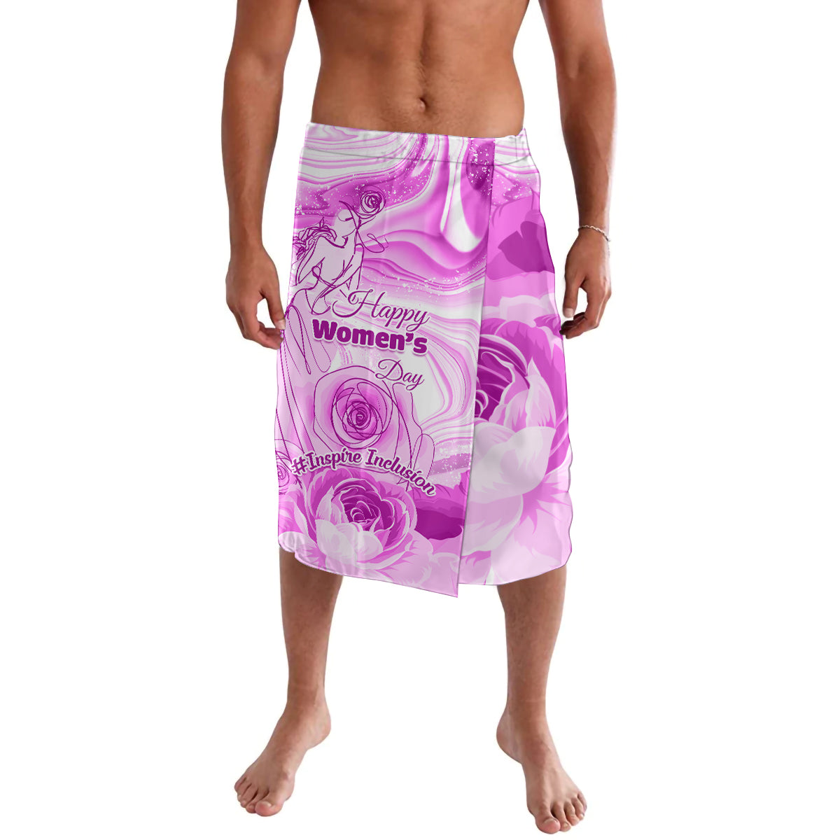 Women's purple printed lavalava skirt with elastic waistband, floral “Women’s Day” graphic