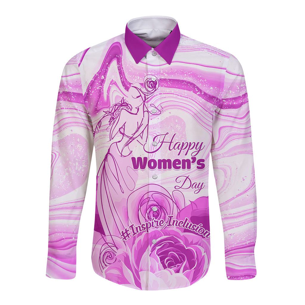 Long-sleeve button shirt, purple collar, front Women’s Day inclusion graphic
