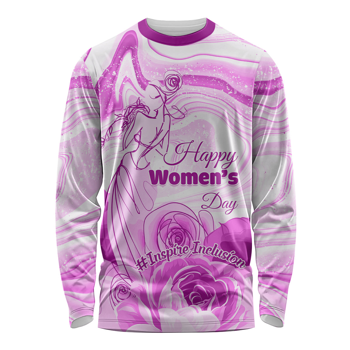 Unisex purple long-sleeve shirt with Happy Women's Day graphic and flowers