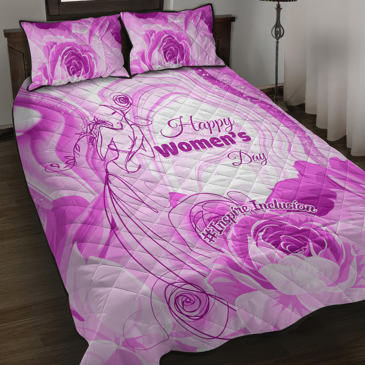 Purple quilt bed set with “Happy Women’s Day” text and floral line artwork; includes two pillows