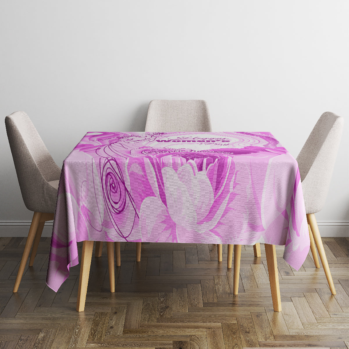 Purple floral swirls tablecloth on a dining table, shown front view with chairs