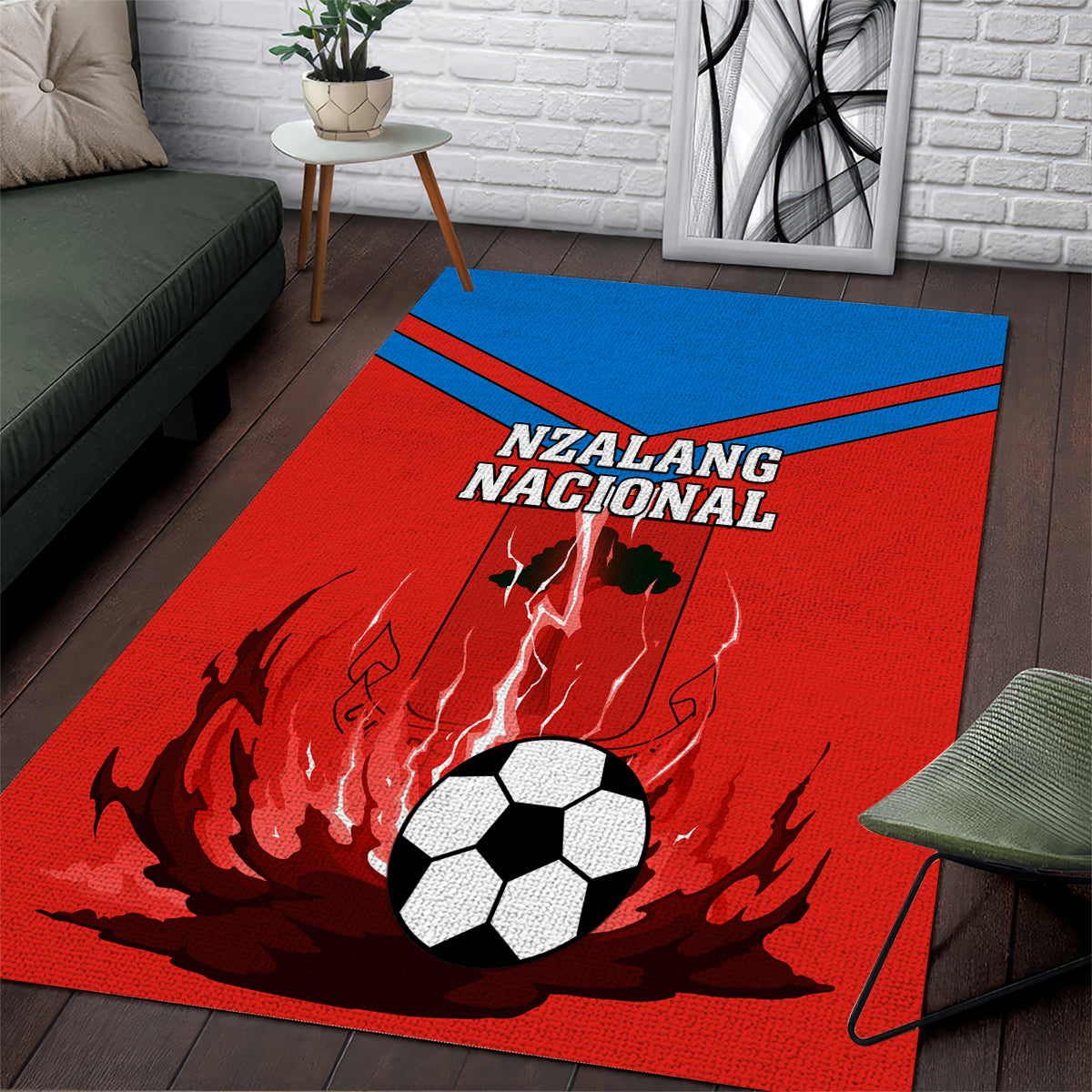 Equatorial Guinea football area rug, red with blue stripe and soccer ball graphic