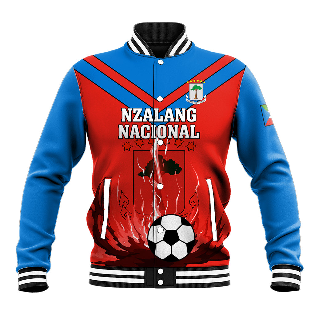 Red and blue varsity baseball jacket with striped sleeves, ribbed collar and NZALANG graphic