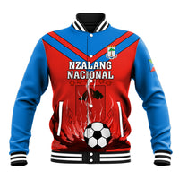 Red and blue varsity baseball jacket with striped sleeves, ribbed collar and NZALANG graphic