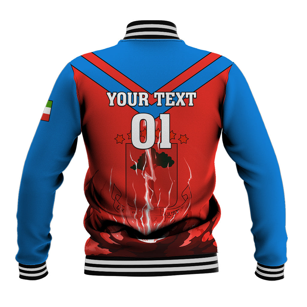 Back view red and blue baseball jacket with 01 print, ribbed striped collar and cuffs
