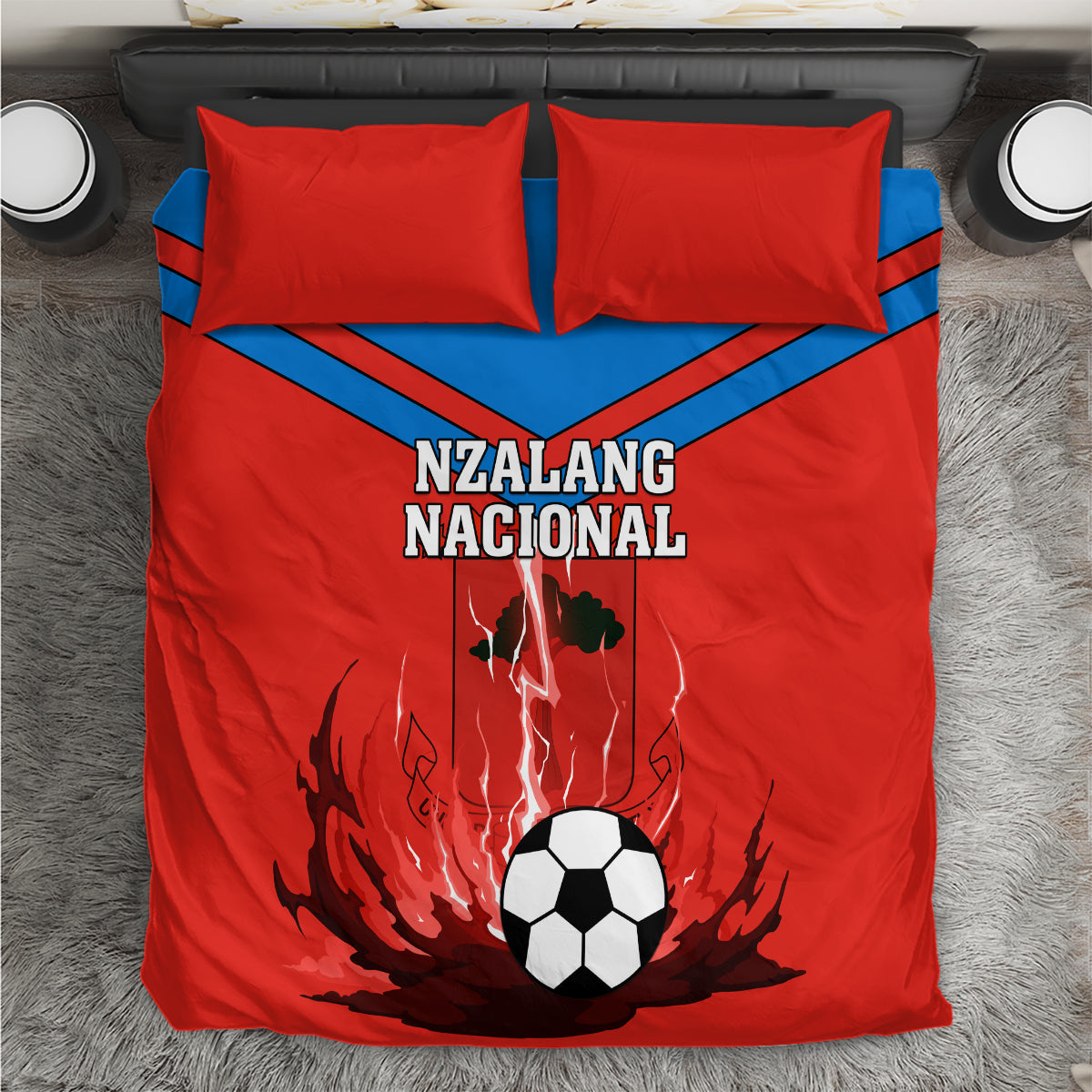 Red and blue football bedding set with two pillows, Nzalang Nacional graphic and soccer ball