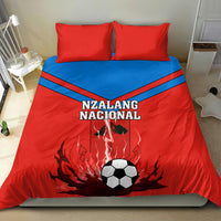 Red football bedding set with blue diagonal stripe, Nzalang Nacional soccer ball and flames