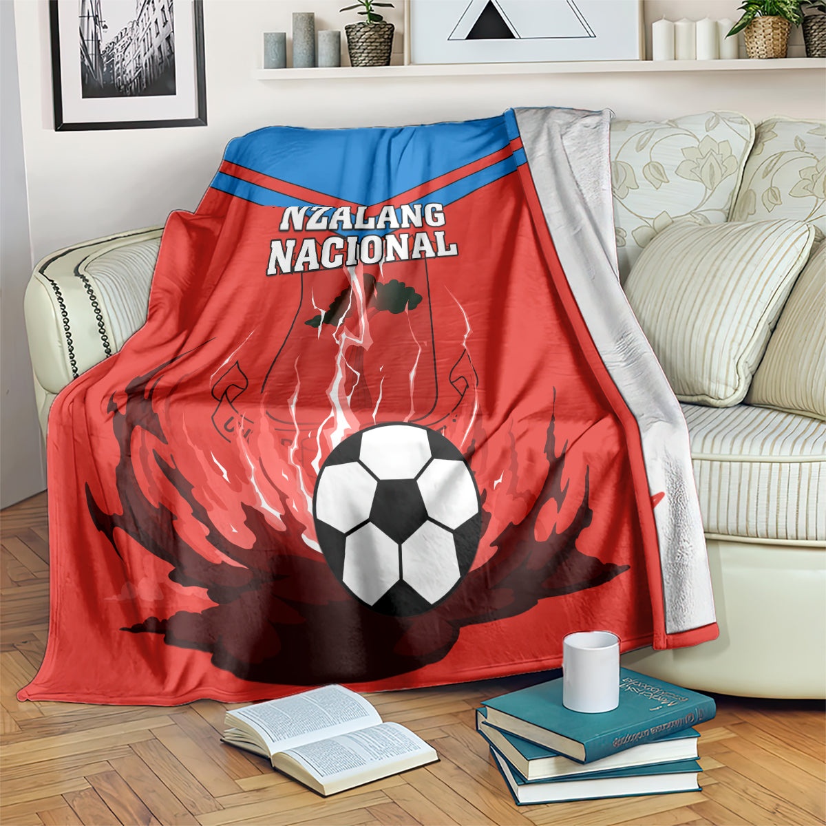 Equatorial Guinea football blanket draped, red/blue Nzalang Nacional with soccer-ball in center