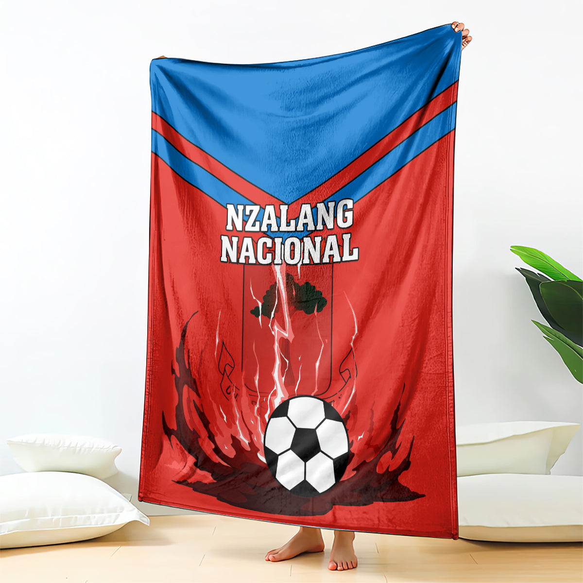 Equatorial Guinea football blanket hanging, red/blue Nzalang Nacional with flaming soccer-ball