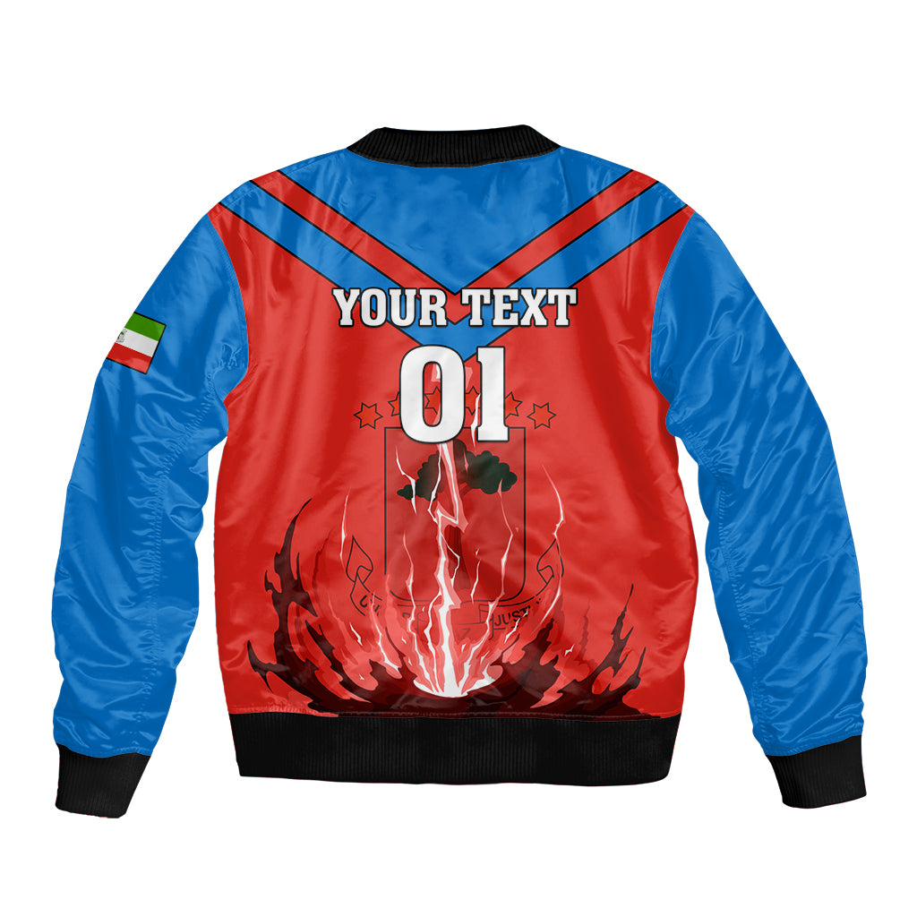 Red/blue football bomber jacket back graphic: YOUR TEXT 01, black rib hem and cuffs
