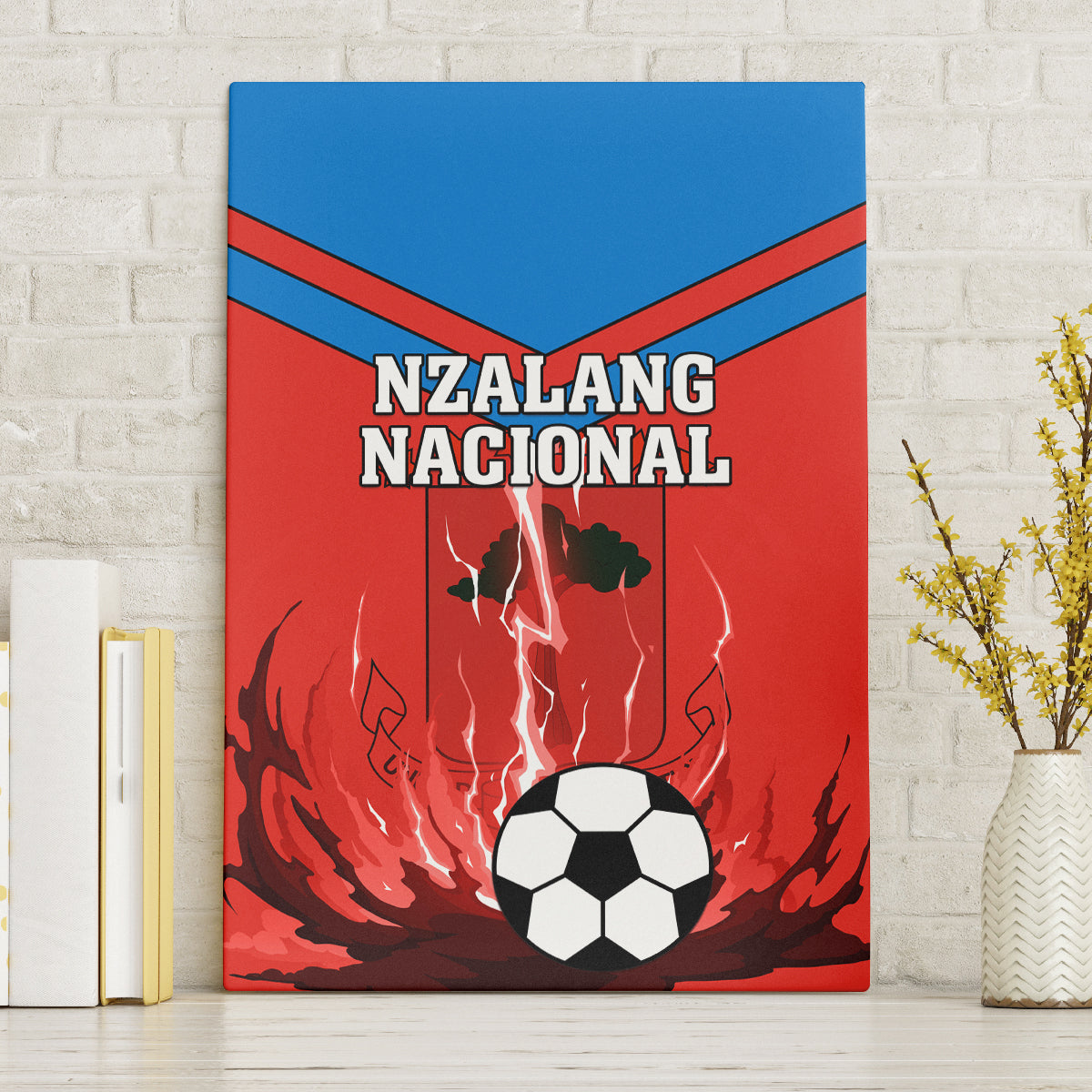 Red and blue football canvas wall art with soccer ball and Nzalang Nacional lettering