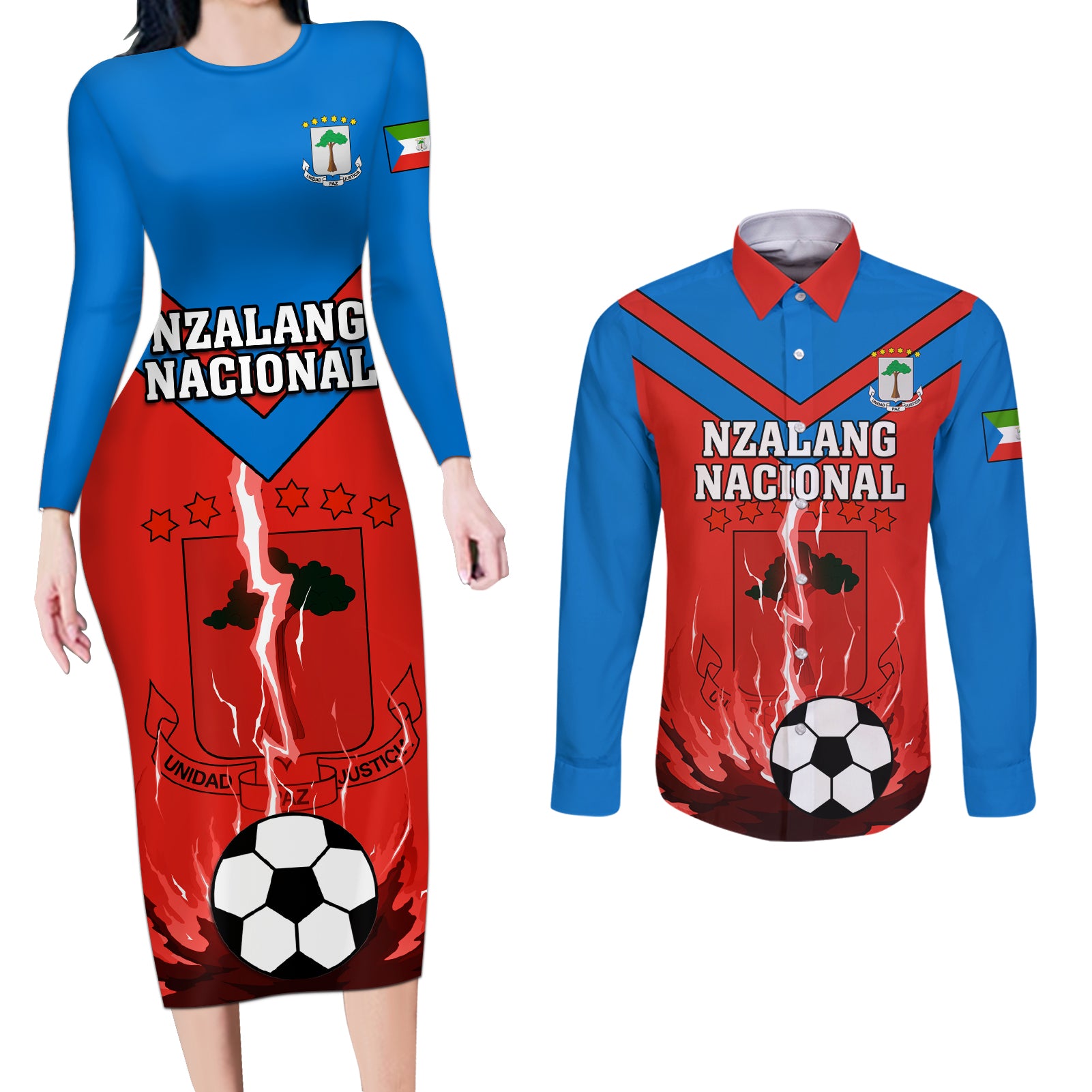 Equatorial Guinea Football Couples Matching Long Sleeve Bodycon Dress and Long Sleeve Button Shirt Come On Nzalang Nacional - Wonder Print Shop