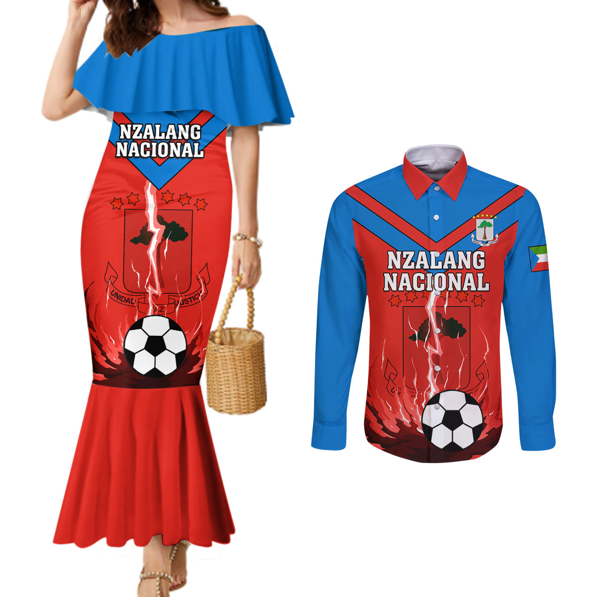 Equatorial Guinea Football Couples Matching Mermaid Dress and Long Sleeve Button Shirt Come On Nzalang Nacional