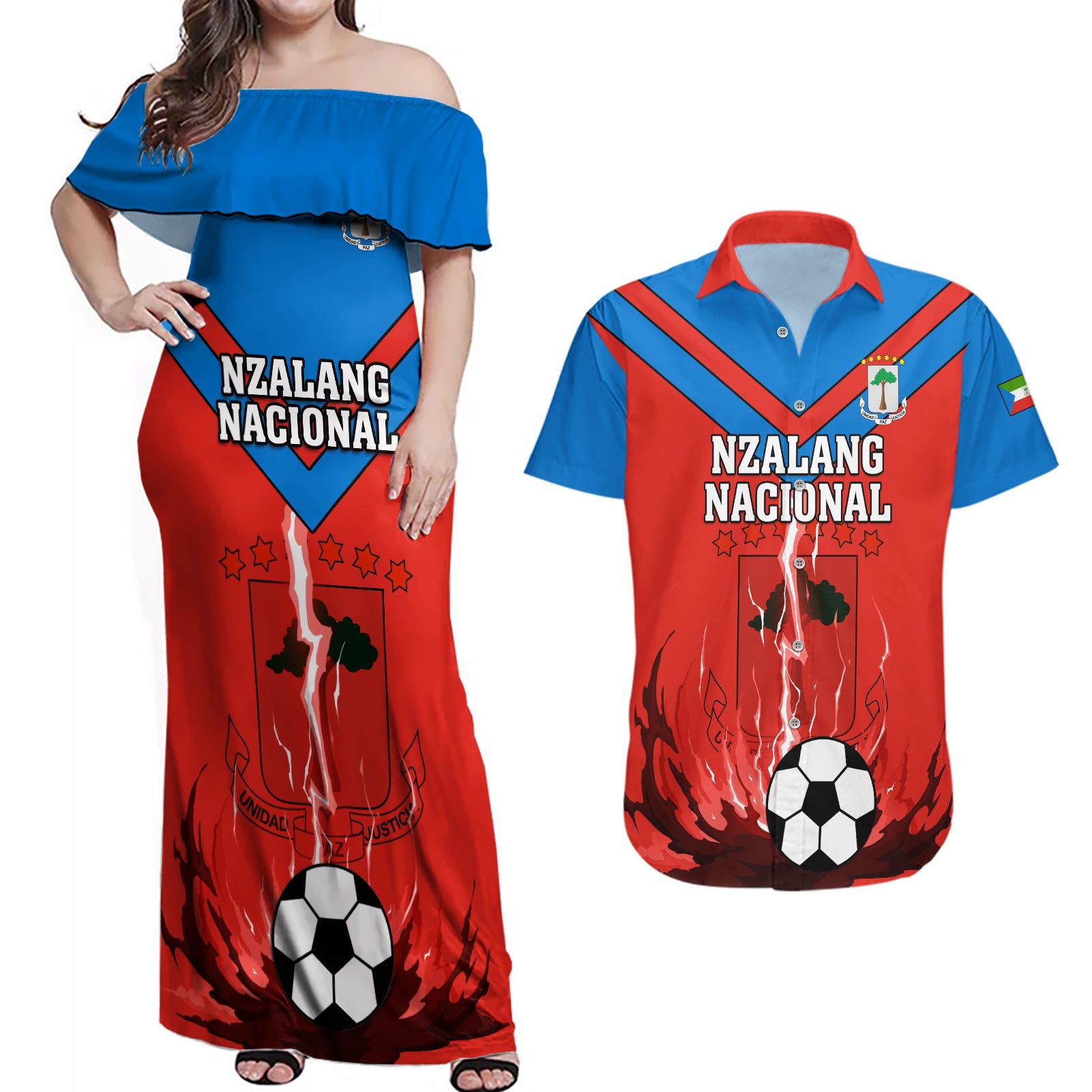 Equatorial Guinea Football Couples Matching Off Shoulder Maxi Dress and Hawaiian Shirt Come On Nzalang Nacional