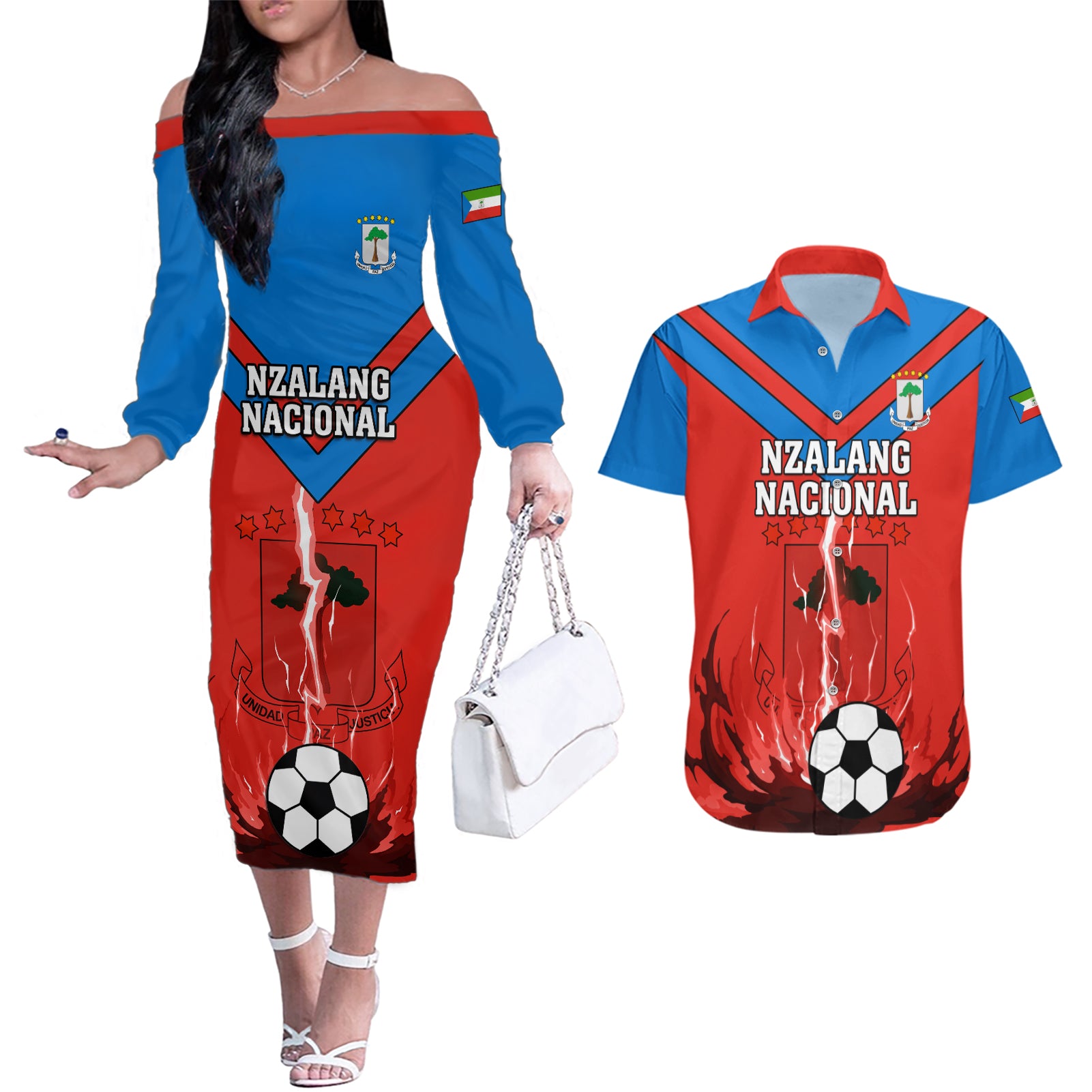 Equatorial Guinea Football Couples Matching Off The Shoulder Long Sleeve Dress and Hawaiian Shirt Come On Nzalang Nacional