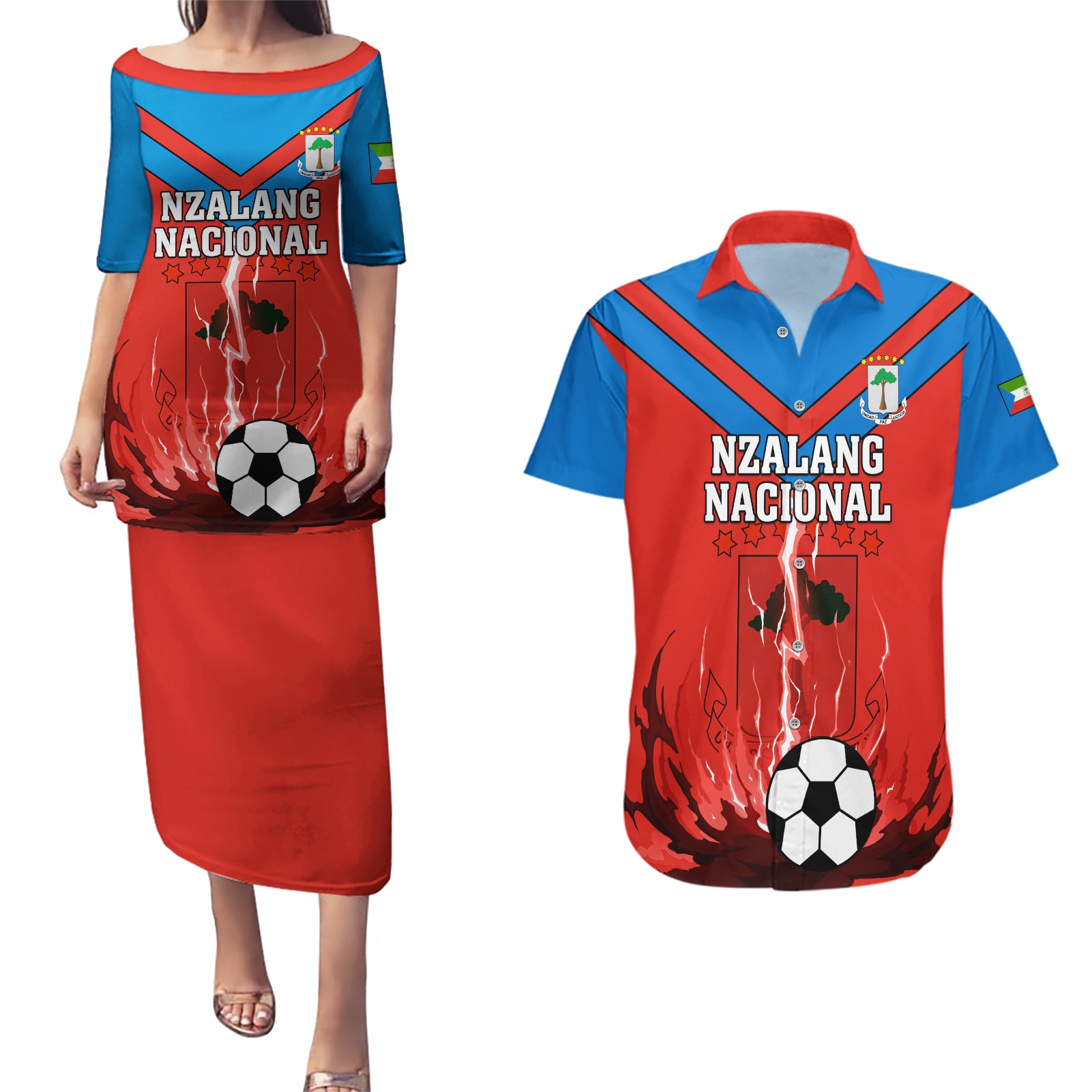 Equatorial Guinea Football Couples Matching Puletasi and Hawaiian Shirt Come On Nzalang Nacional