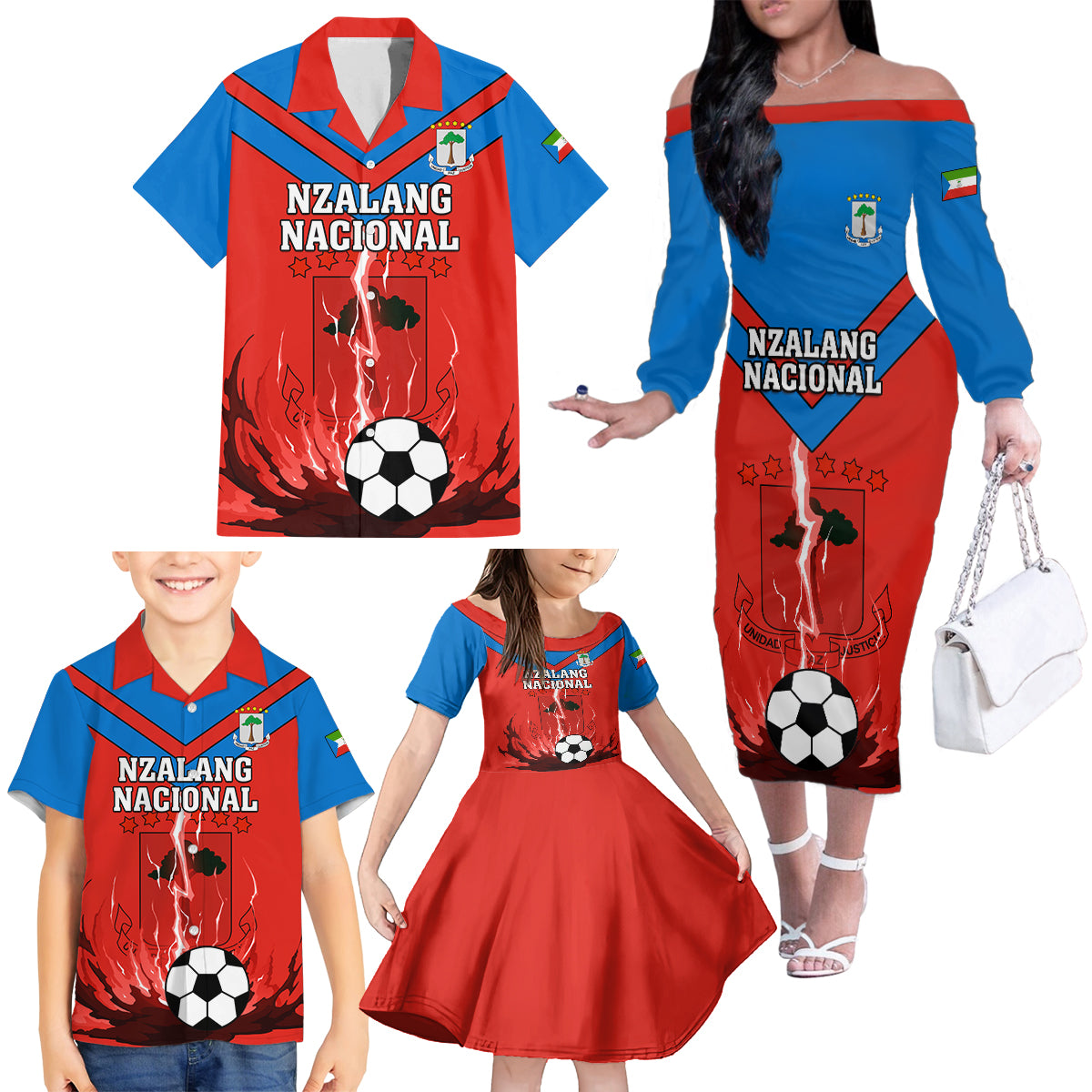 Equatorial Guinea Football Family Matching Off Shoulder Long Sleeve Dress and Hawaiian Shirt Come On Nzalang Nacional - Wonder Print Shop