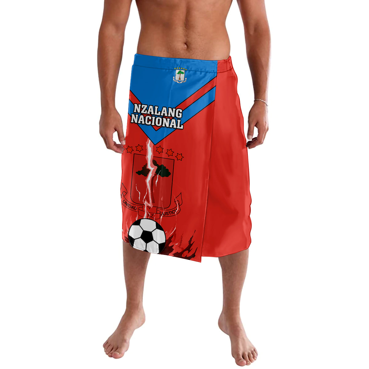 Red football lavalava skirt with blue waistband and Nzalang Nacional logo graphic