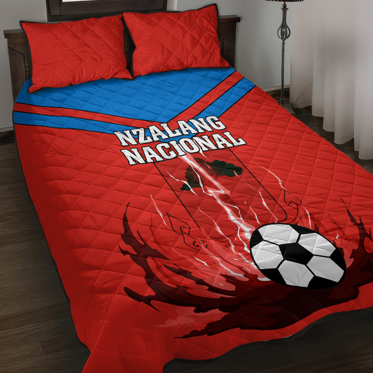 Football quilt bed set with two red pillow shams, blue stripe, NZALANG NACIONAL, soccer ball